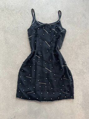 Vintage Silk Beaded Dress Size M Black 90s Slip Mini Formal Party Dress